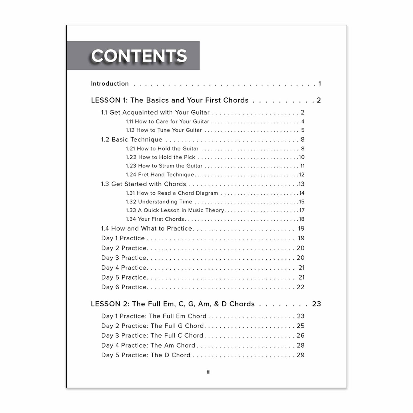 Your First 10 Acoustic Guitar Lessons from The Missing Method for Guitar. Image of the first page of the Table of Contents.