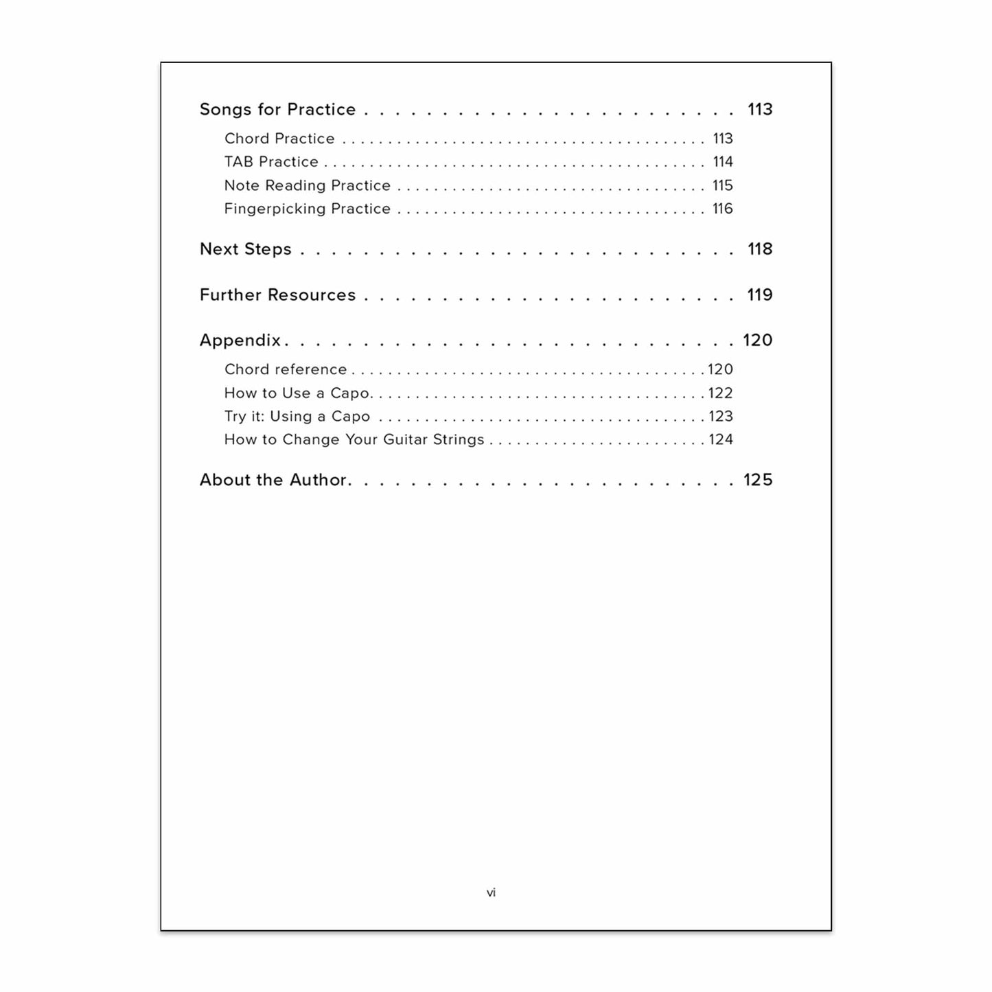 Your First 10 Acoustic Guitar Lessons from The Missing Method for Guitar. Image of the fourth page of the Table of Contents.