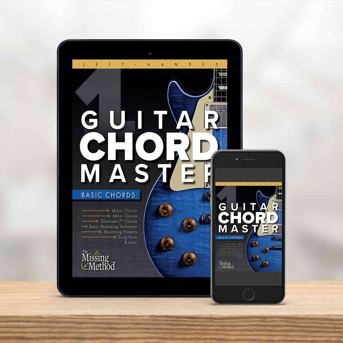Digital Tablet and smartphone showing the cover of Guitar Chord Master Book 1, Left-Handed Edition by Christian Triola