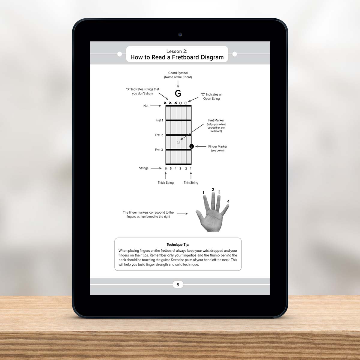 Digital Tablet showing a page from Guitar Chord Master Book 1 by Christian Triola