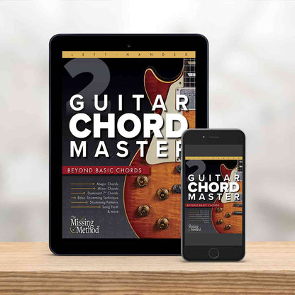 Digital Tablet and smartphone showing the cover of Guitar Chord Master Book 2, Left-Handed Edition by Christian Triola