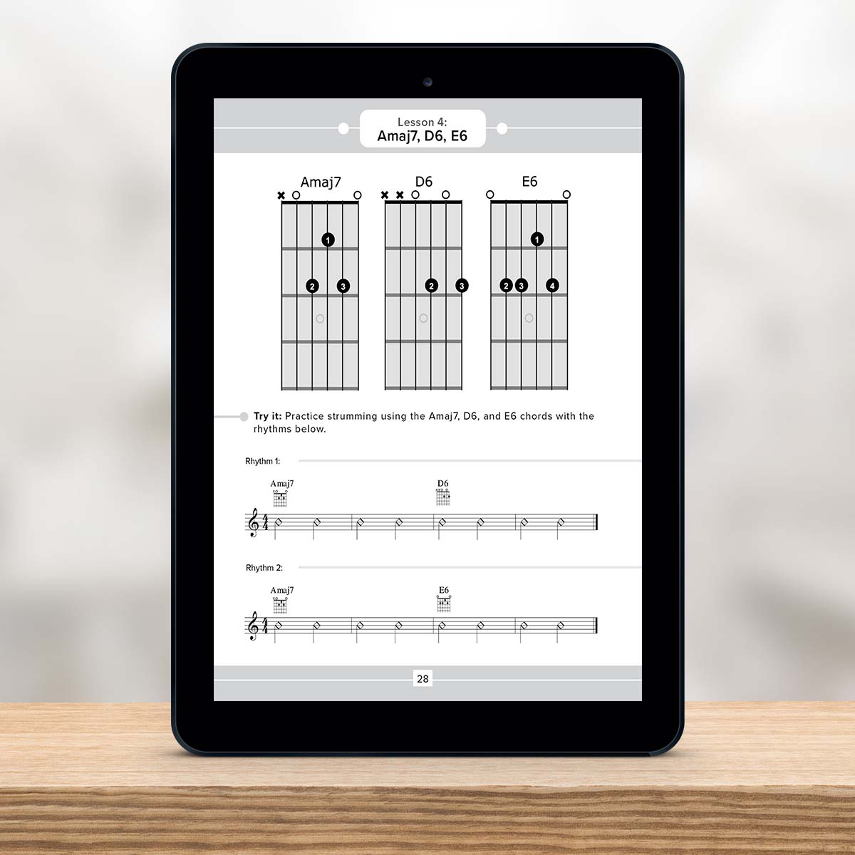 Digital Tablet showing a page from Guitar Chord Master Book 2 by Christian Triola