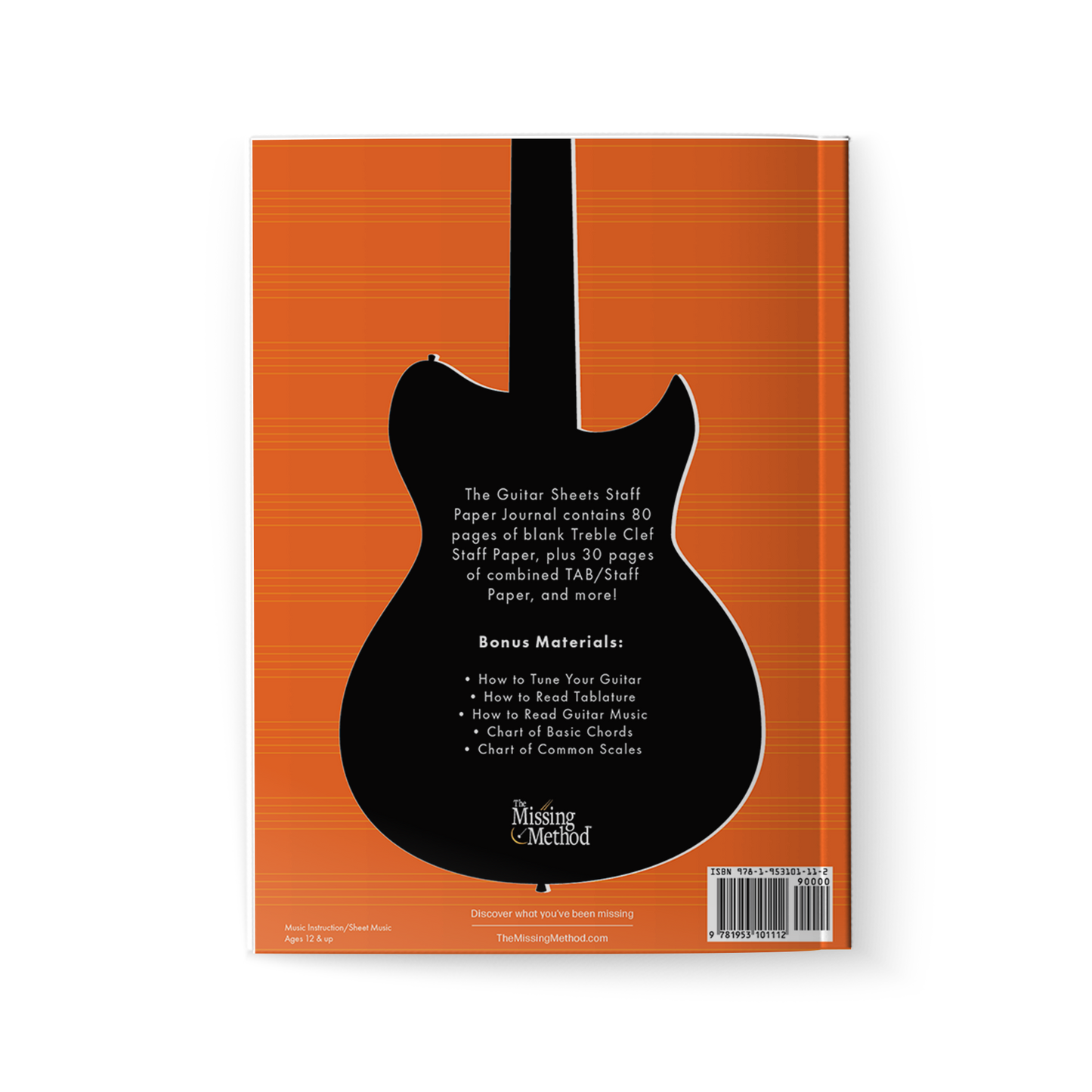 Guitar Sheets Staff Paper, Paperback book from The Missing Method for Guitar, back cover. Copyright 2024 Tenterhook Books, LLC.