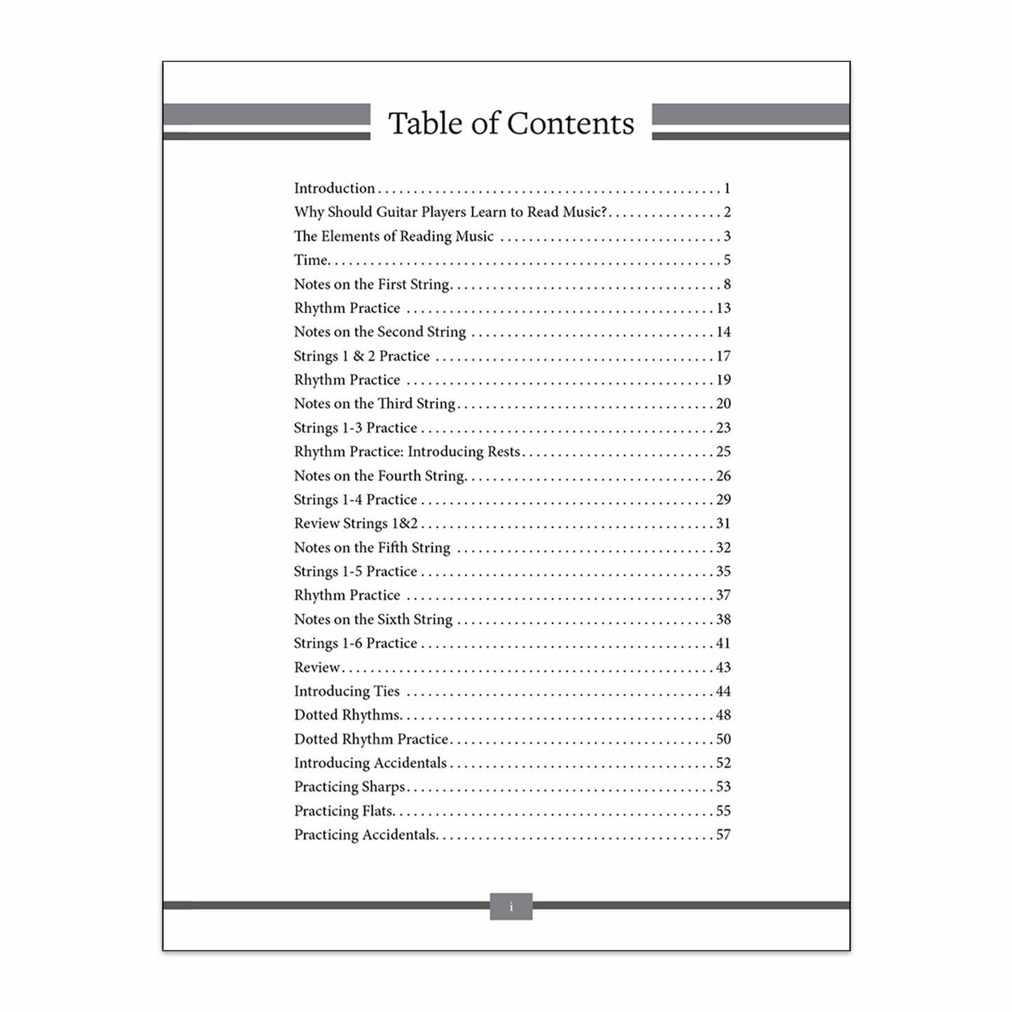 The Missing Method for Guitar Note Reading Book 1. Image of the Table of Contents, page 1.