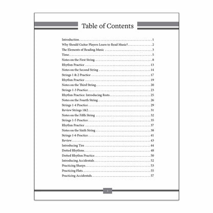 The Missing Method for Guitar Note Reading Book 1. Image of the Table of Contents, page 1.