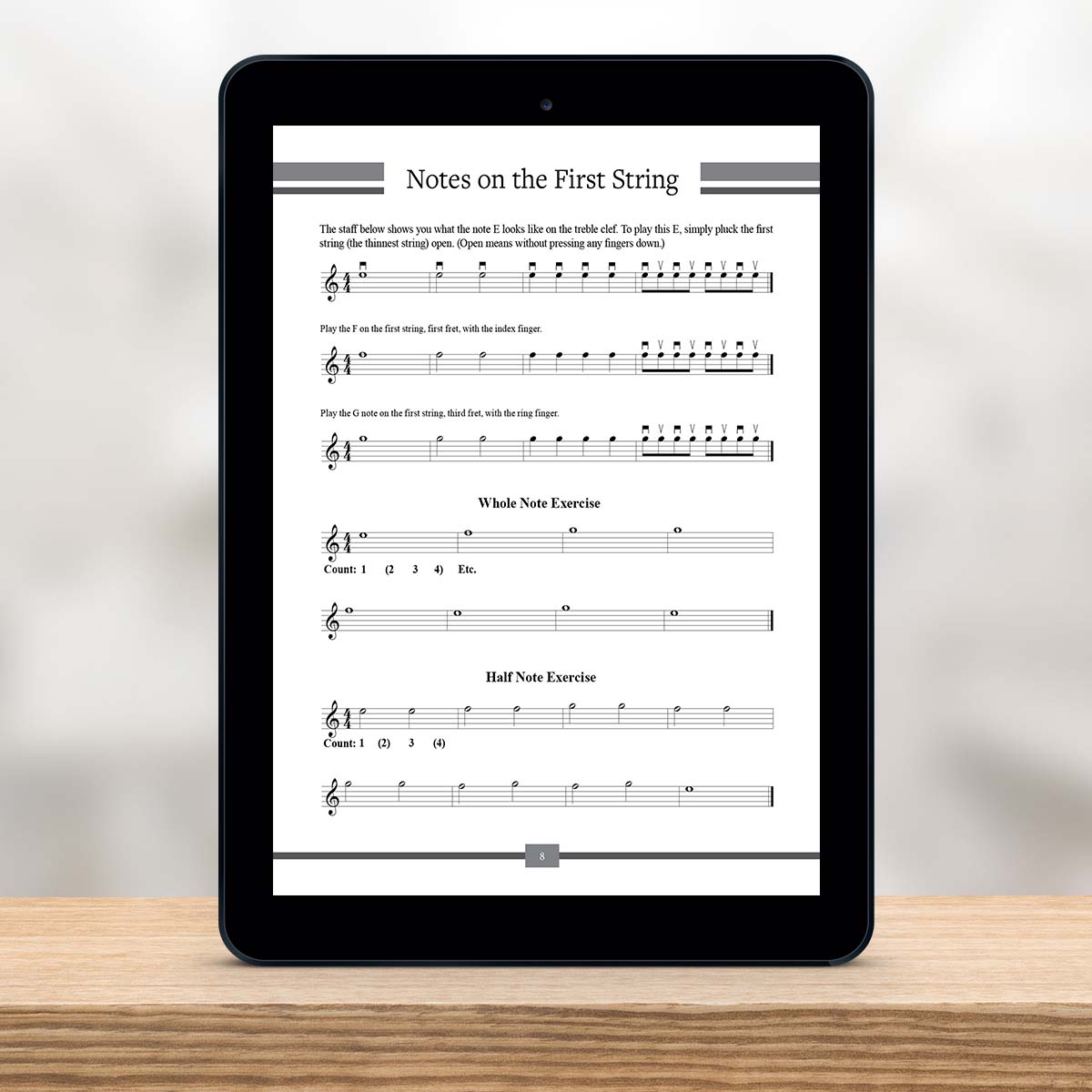 Digital Tablet showing a page from The Missing Method for Guitar Note Reading Series Book 1 by Christian Triola