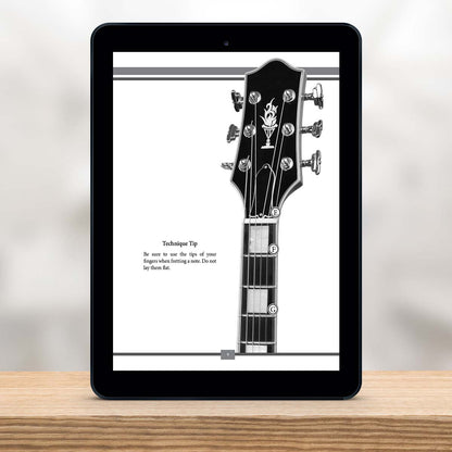 Digital Tablet showing a page from The Missing Method for Guitar Note Reading Series Book 1 by Christian Triola