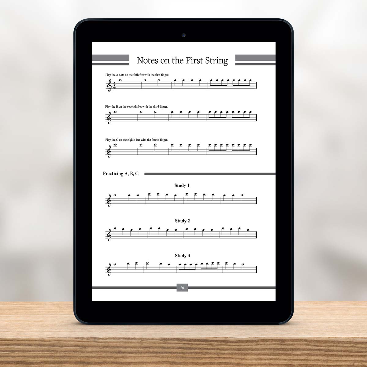Digital Tablet showing a page from The Missing Method for Guitar Note Reading Series Book 2 by Christian Triola