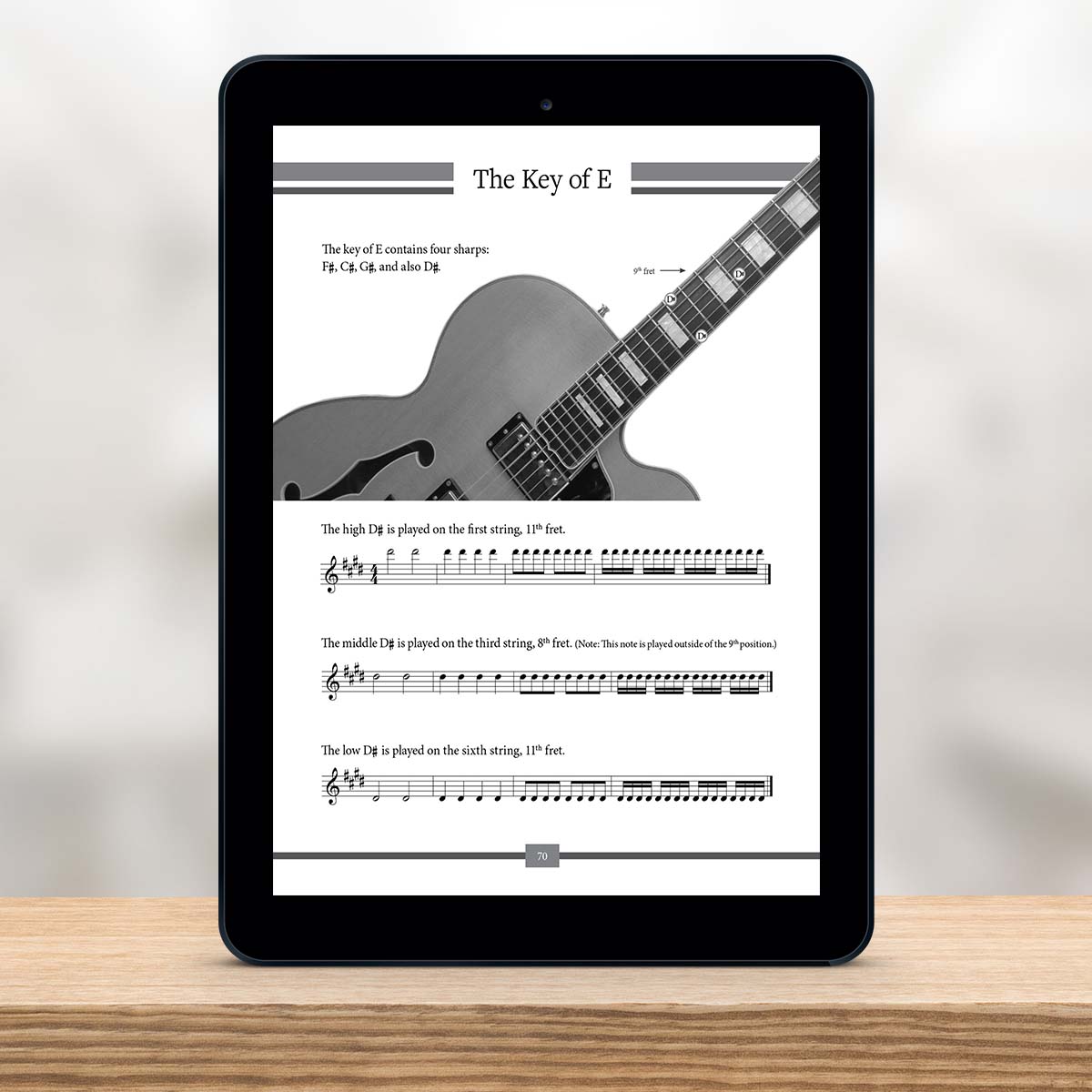 Digital Tablet showing a page from The Missing Method for Guitar Note Reading Series Book 3 by Christian Triola