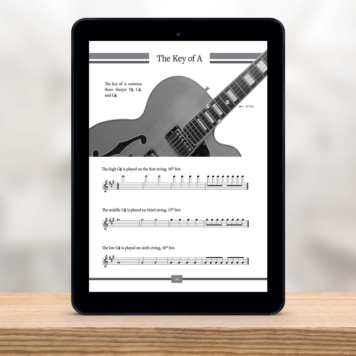 Digital Tablet showing a page from The Missing Method for Guitar Note Reading Series Book 5 by Christian Triola
