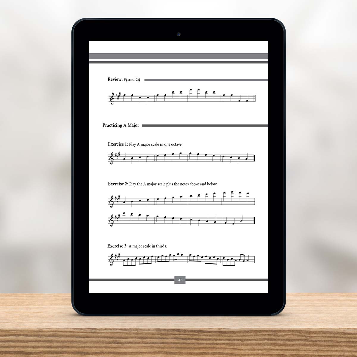 Digital Tablet showing a page from The Missing Method for Guitar Note Reading Series Book 5 by Christian Triola