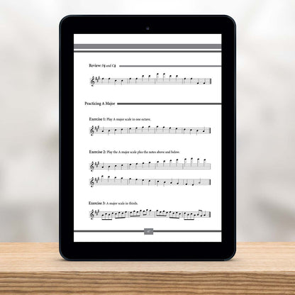Digital Tablet showing a page from The Missing Method for Guitar Note Reading Series Book 5 by Christian Triola