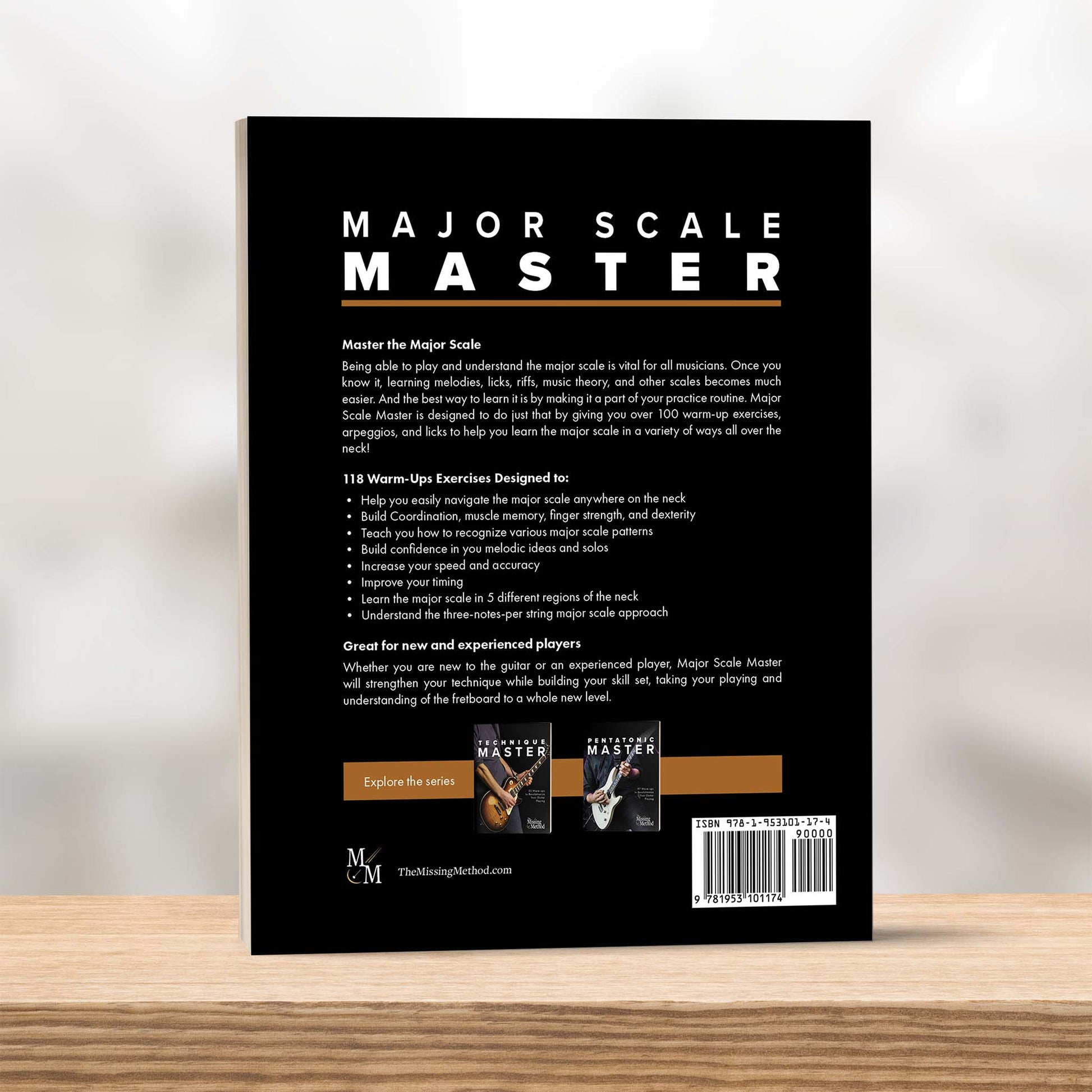 Major Scale Master from The Missing Method for Guitar. Image of paperback book upright on a shelf, front cover facing out.