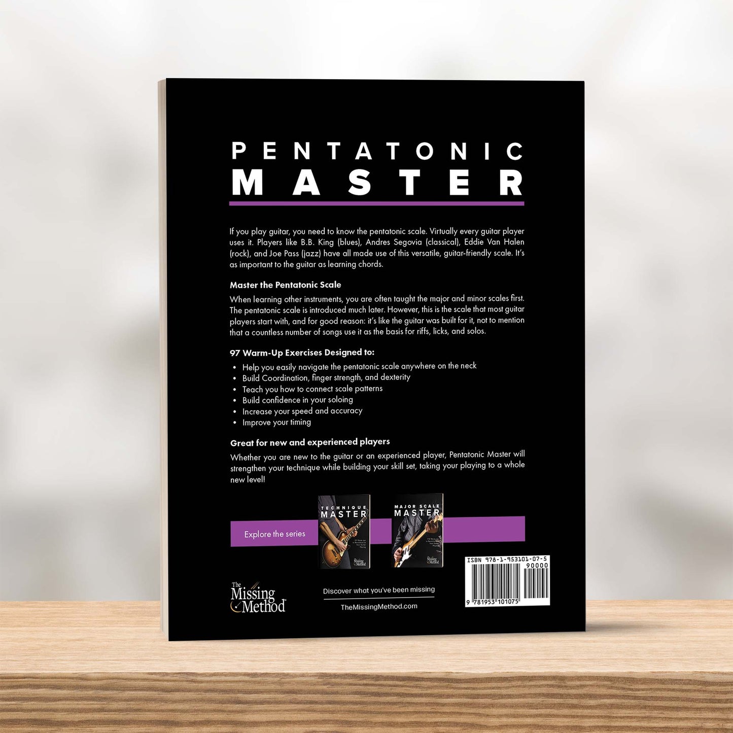 Pentatonic Master from The Missing Method for Guitar. Book displayed on a shelf, showcasing the back cover.