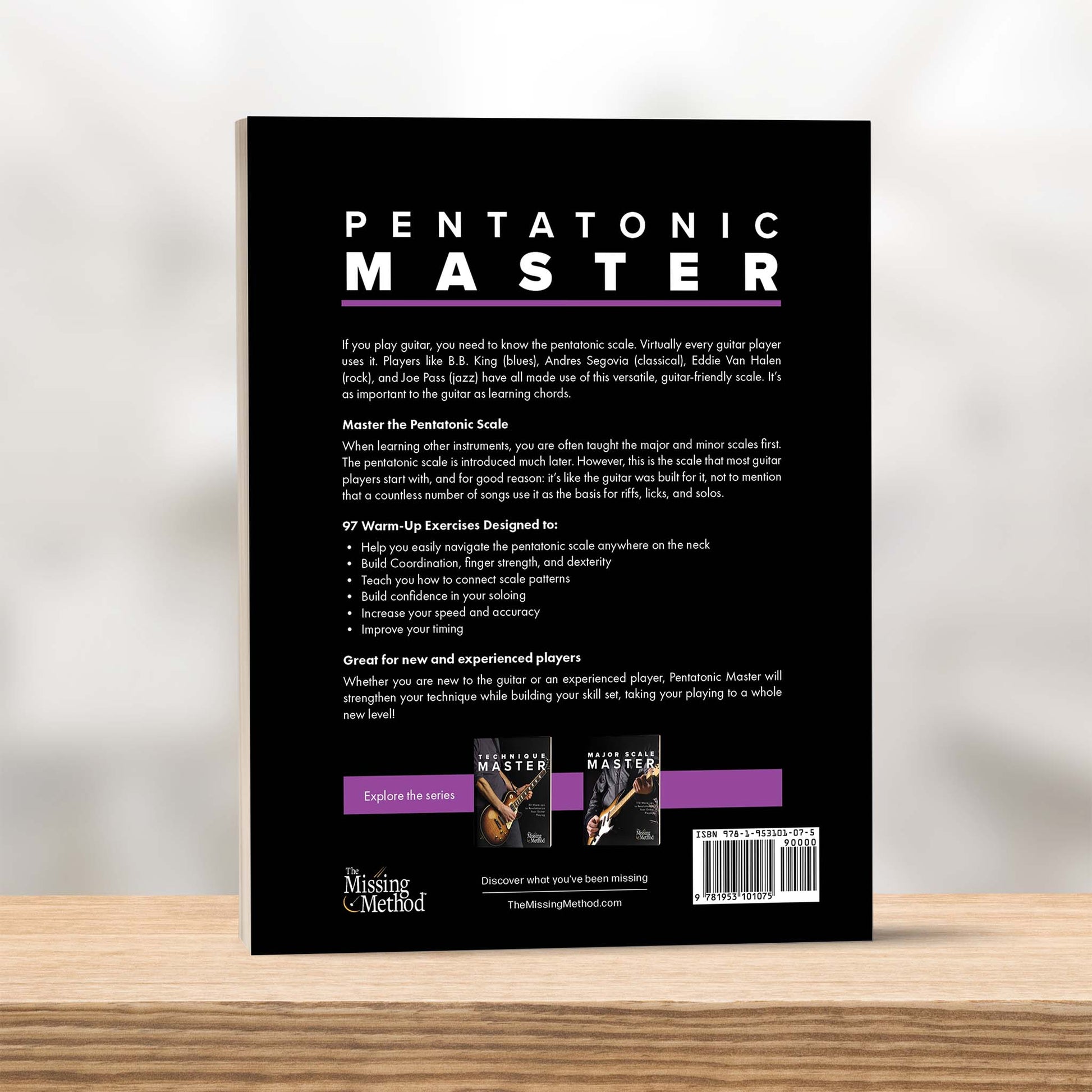 Pentatonic Master from The Missing Method for Guitar. Book displayed on a shelf, showcasing the back cover.