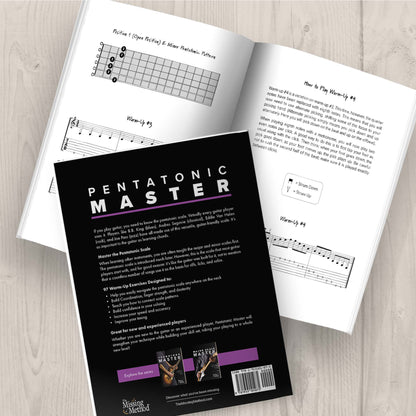 Pentatonic Master from The Missing Method for Guitar. Two copies of the book are displayed on a table. One copy is open, displaying some of the first pages of the first unit. The other copy of the book is closed, displaying the back cover.