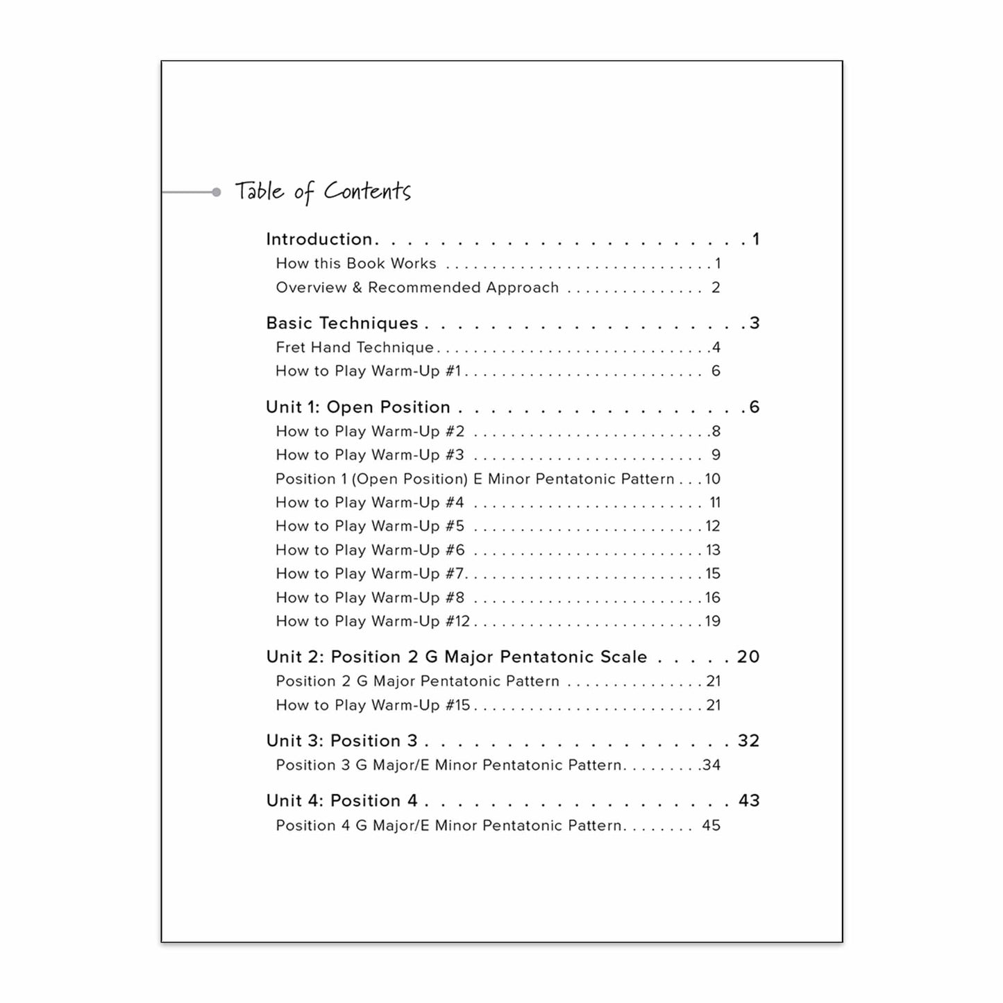 Pentatonic Master from The Missing Method for Guitar. Page 1 displayed of the Table of Contents.