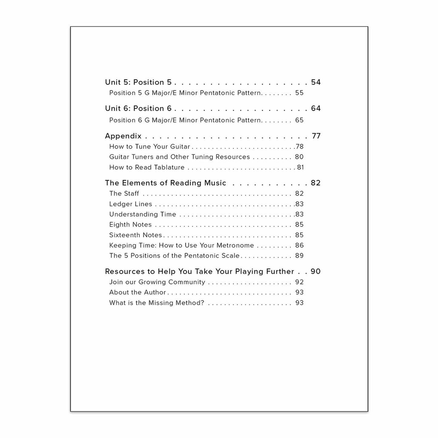 Pentatonic Master from The Missing Method for Guitar. Page 2 displayed of the Table of Contents.