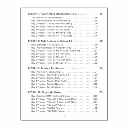 Your First 10 Acoustic Guitar Lessons from The Missing Method for Guitar. Image of the third page of the Table of Contents.