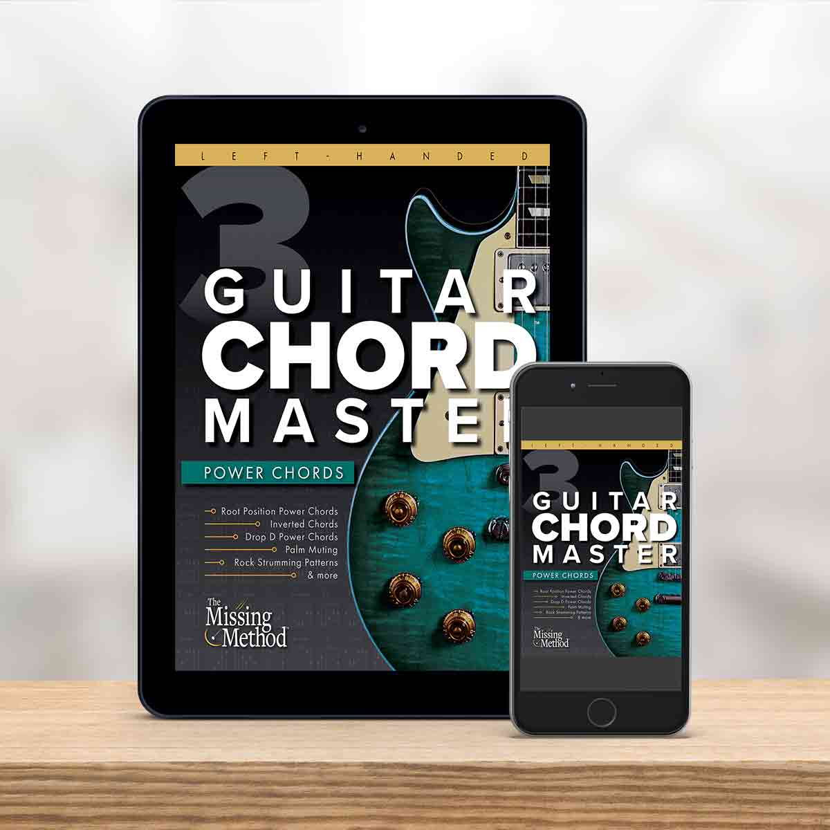 Digital Tablet and smartphone showing the cover of Guitar Chord Master Book 3, Left-Handed Edition by Christian Triola