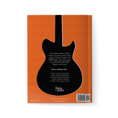 Guitar Sheets Staff Paper, Paperback book from The Missing Method for Guitar, back cover. Copyright 2024 Tenterhook Books, LLC.