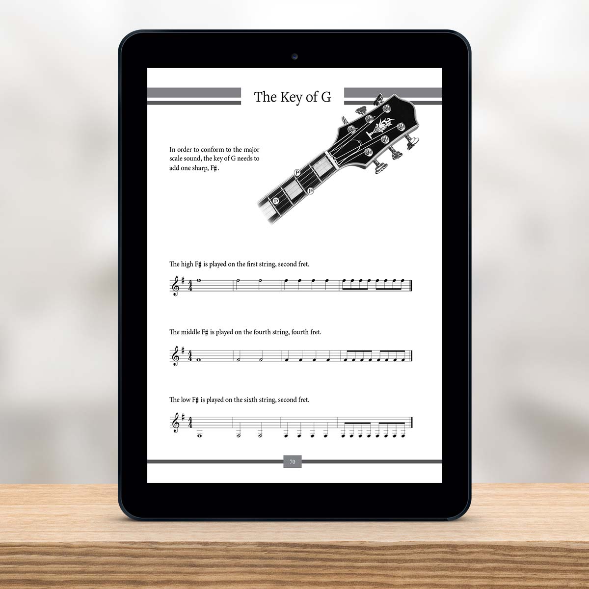 Digital Tablet showing a page from The Missing Method for Guitar Note Reading Series Book 1 by Christian Triola