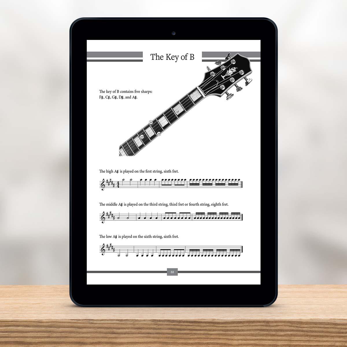 Digital Tablet showing a page from The Missing Method for Guitar Note Reading Series Book 2 by Christian Triola