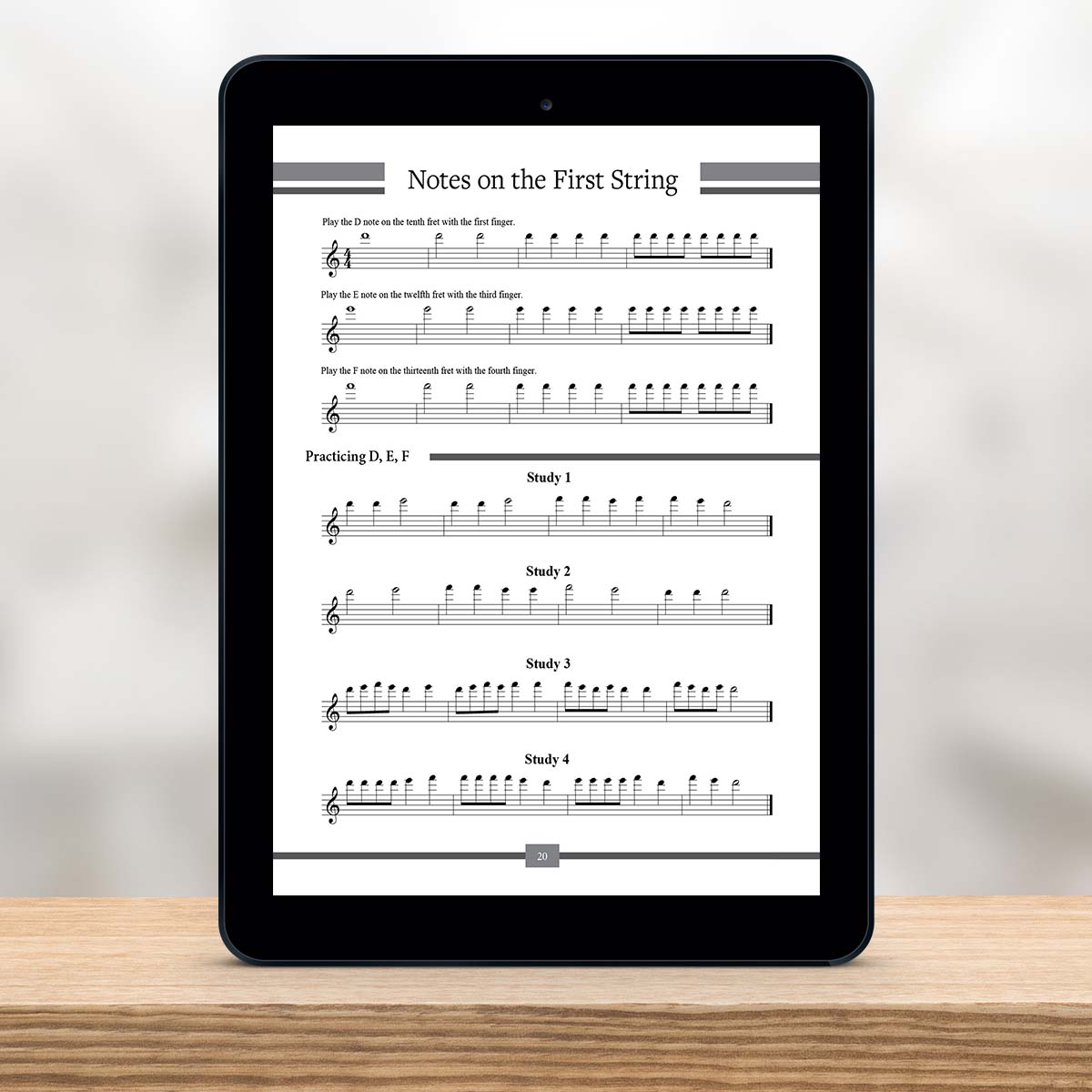 Digital Tablet showing a page from The Missing Method for Guitar Note Reading Series Book 3 by Christian Triola