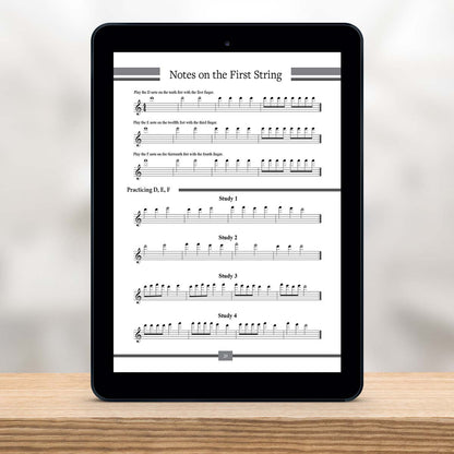 Digital Tablet showing a page from The Missing Method for Guitar Note Reading Series Book 3 by Christian Triola