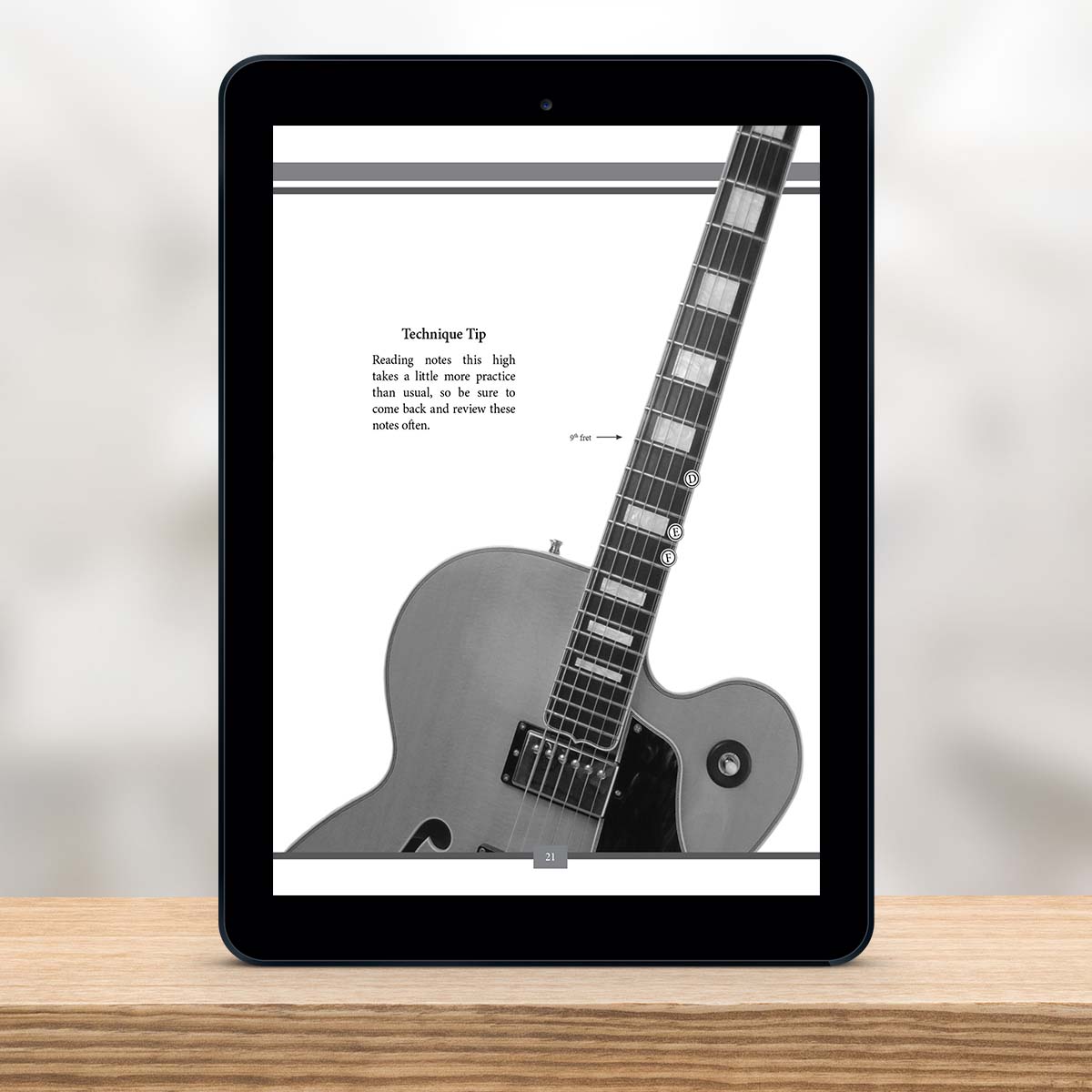 Digital Tablet showing a page from The Missing Method for Guitar Note Reading Series Book 3 by Christian Triola