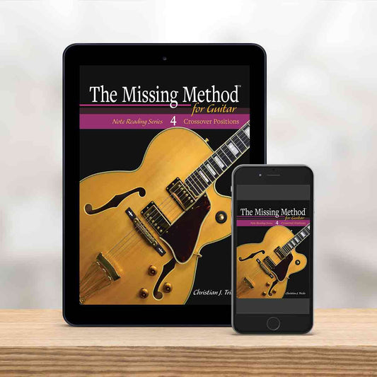 Digital Tablet and smartphone showing the cover of The Missing Method for Guitar Note Reading Series Book 4 by Christian Triola