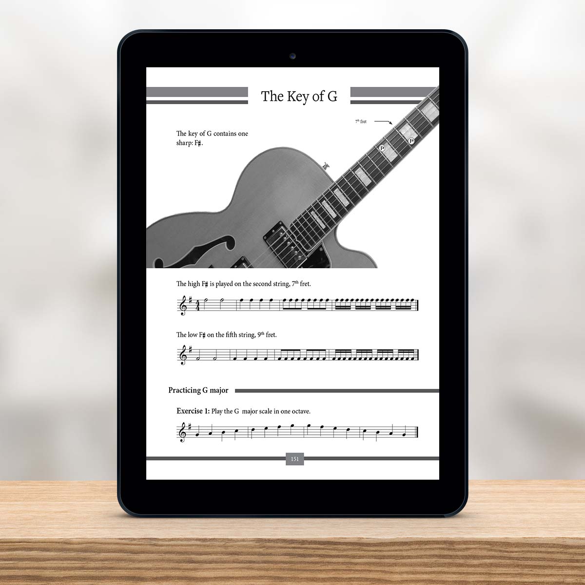 Digital Tablet showing a page from The Missing Method for Guitar Note Reading Series Book 4 by Christian Triola