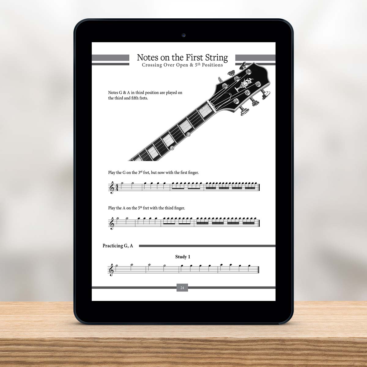 Digital Tablet showing a page from The Missing Method for Guitar Note Reading Series Book 4 by Christian Triola