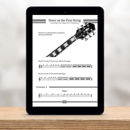 Digital Tablet showing a page from The Missing Method for Guitar Note Reading Series Book 4 by Christian Triola