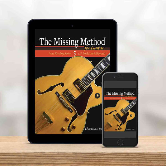 Digital Tablet and smartphone showing the cover of The Missing Method for Guitar Note Reading Series Book 5 by Christian Triola