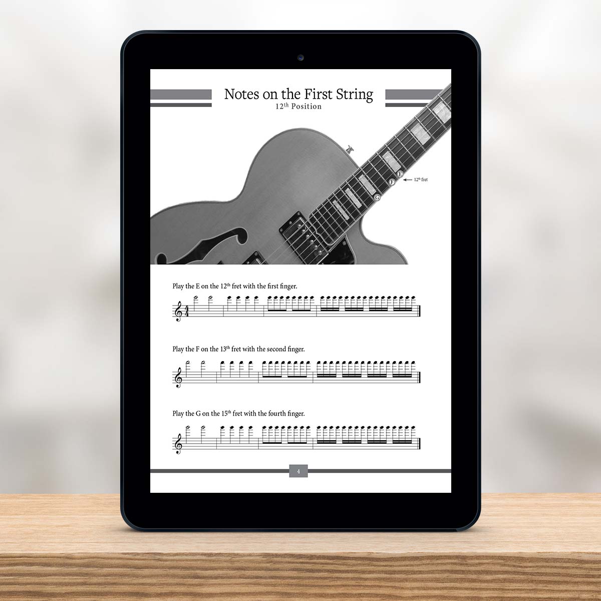 Digital Tablet showing a page from The Missing Method for Guitar Note Reading Series Book 5 by Christian Triola