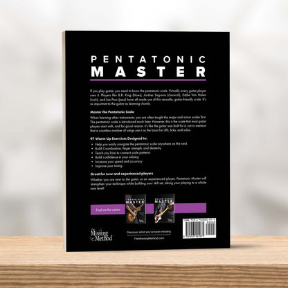 Pentatonic Master from The Missing Method for Guitar. Book displayed on a shelf, showcasing the back cover.