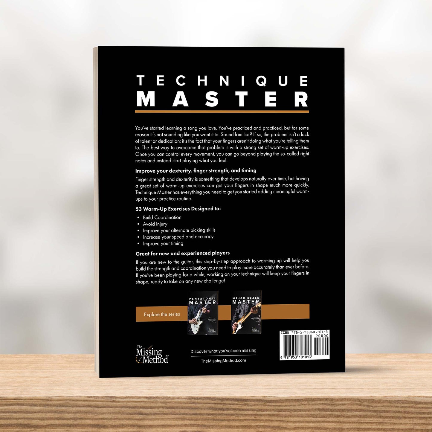 Technique Master from The Missing Method for Guitar. Image of book on table, displaying the back cover.